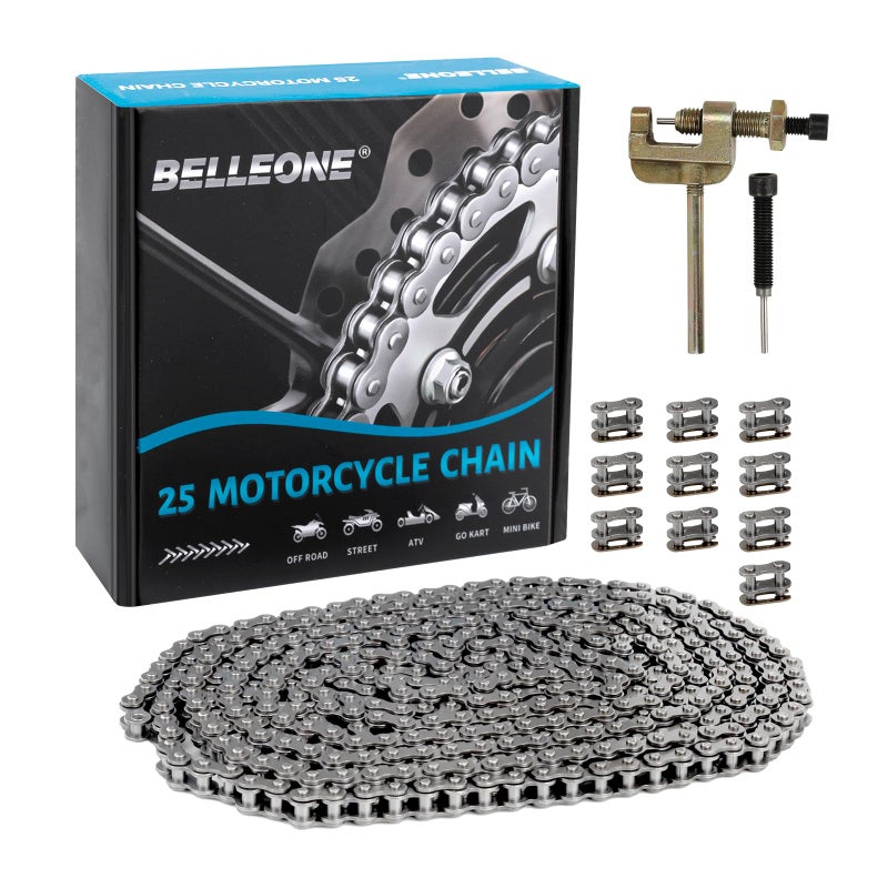 Belleone #25 Roller Chain - 10 Feet #25 Chain with 10 Connecting Links & Chain Breaker for Go Karts, Mini Bikes, Scooters, Dirt Bikes, Razor Motorcycles, Pocket Bike and Bycicles - 480 Links - Image 1